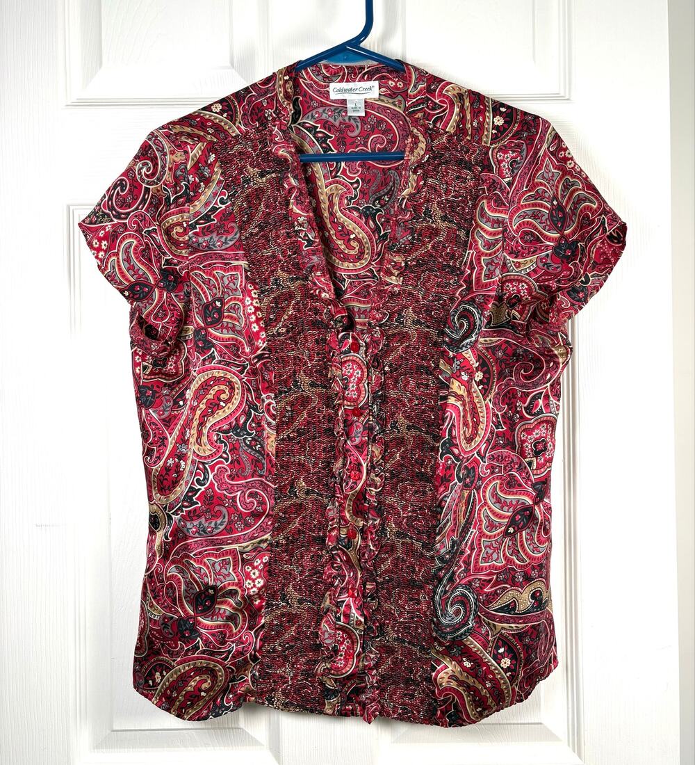 Coldwater Creek Silk Blouse Burgundy Paisley Smocking Short Sleeve Womens L